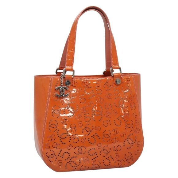 CHANEL Punching Tote Bag Enamel Orange Silver CC Auth - Picture 3 of 15